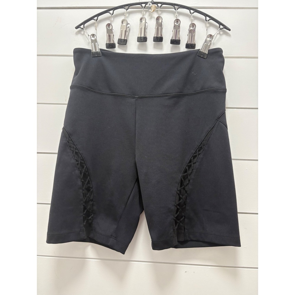 Victorias Secret Black Lattice Lace Up Biker Shorts Medium Zipper Pocket